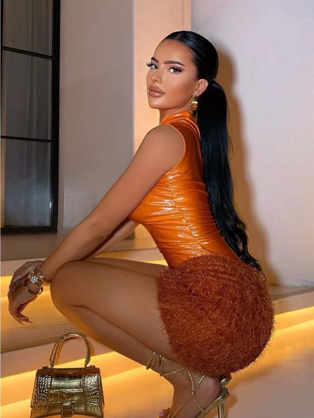 CouCoo fuzzy burnt orange mini skirt
